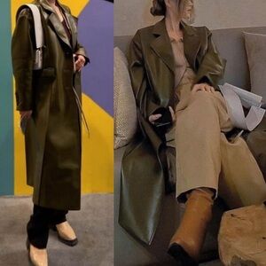 Dept Anonym Coat Women XS Green Leather Vegan Trench Olive Army Oversized NWT